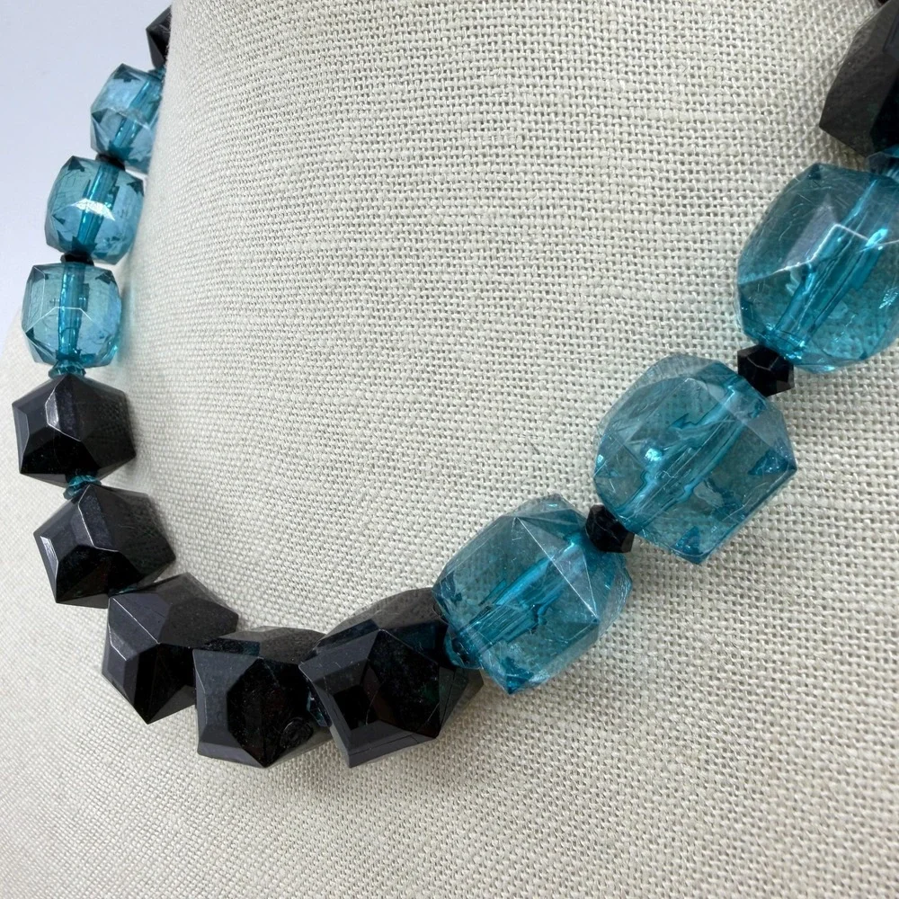 Black Aqua Blue Faceted Cube Bead Necklace Chunky Geometric Statement Jewelry